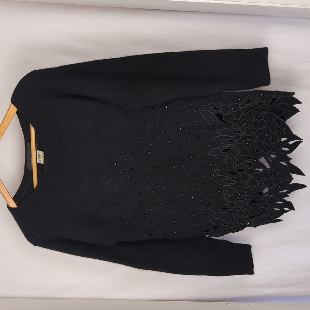 SPREE Women's Black Lambswool Beaded Embroidered Hem Sweater